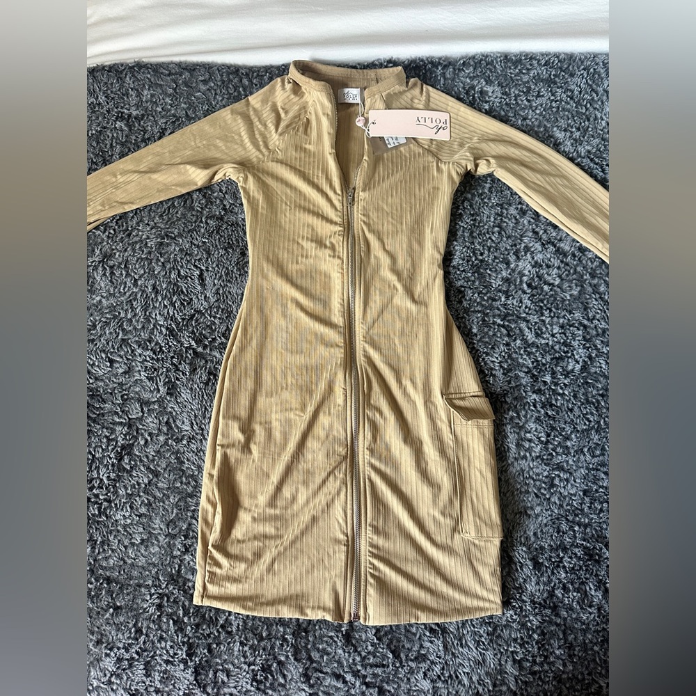 Oh Polly Tan Long Sleeve Dress with Zip
